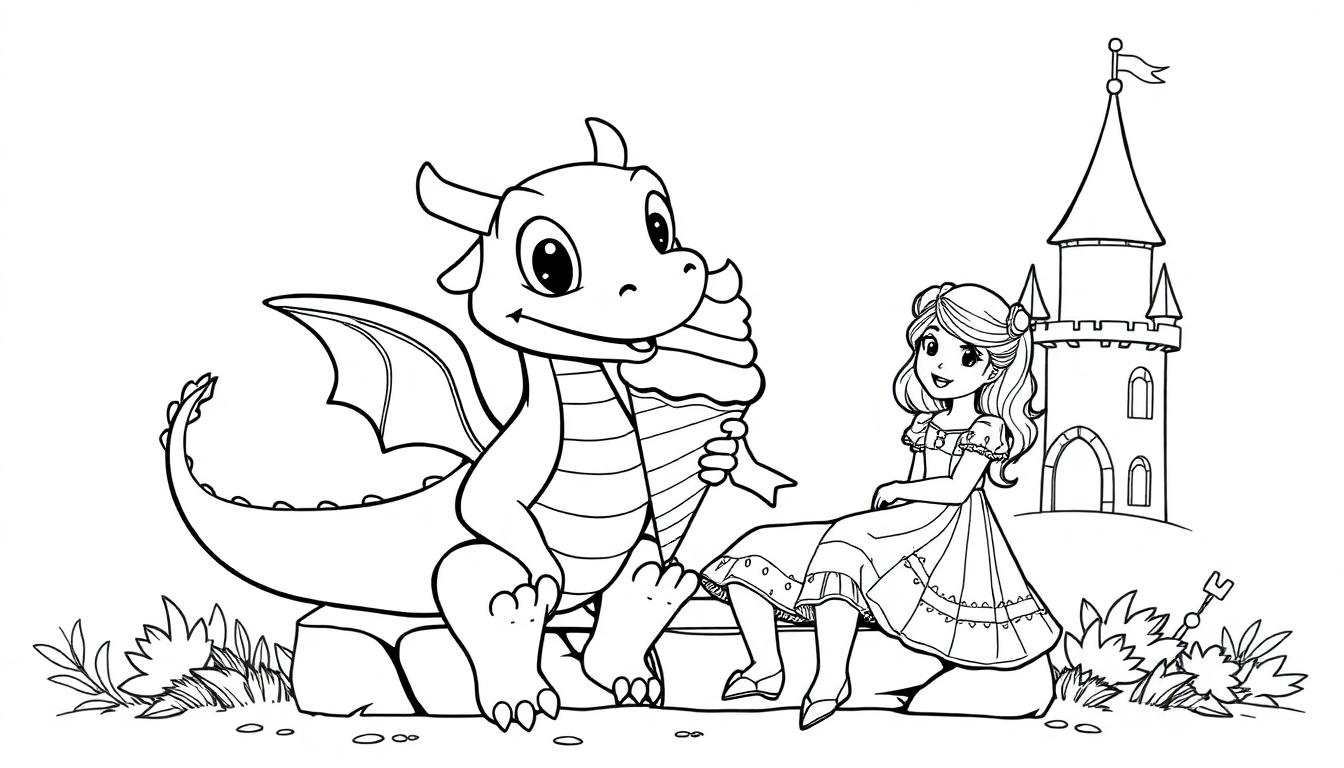 Farbtafel: Ein freundlicher Cartoon-Drache teilt ein Eis mit einer Prinzessin vor einem Märchenschloss.