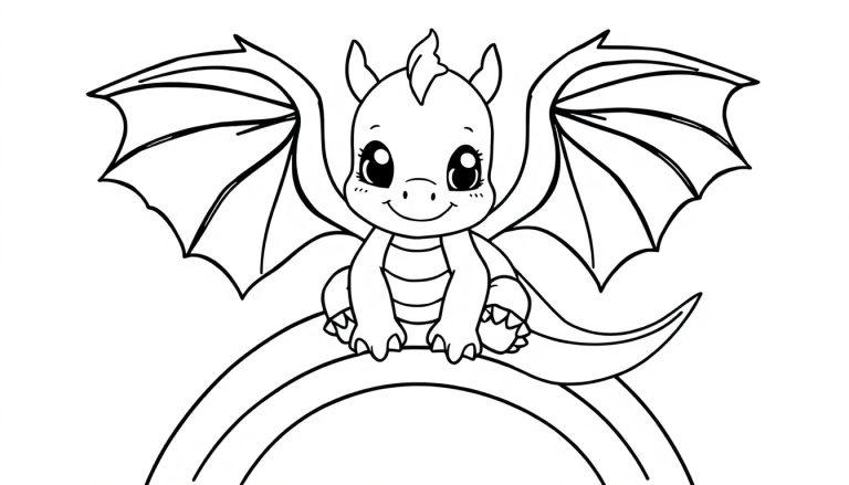Farbtafel: Niedlicher Babydrache auf einem Regenbogen.