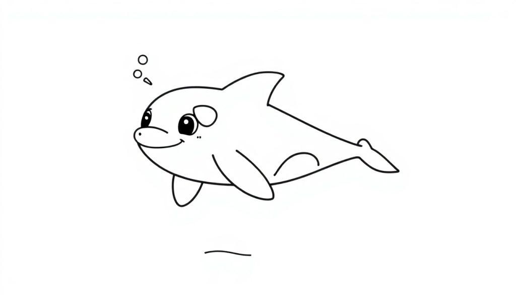 Eine schwarz-weiße Farbtafel eines freundlichen Cartoon-Orcas mit Blasen im Wasser.
