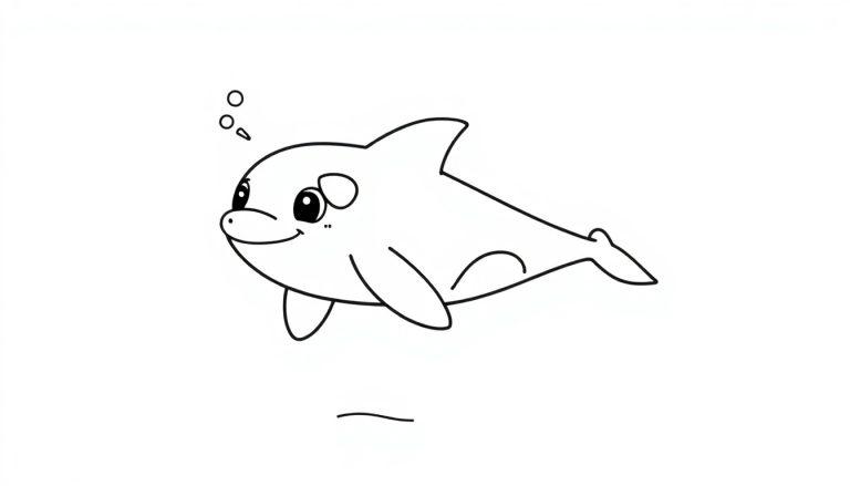 Eine schwarz-weiße Farbtafel eines freundlichen Cartoon-Orcas mit Blasen im Wasser.