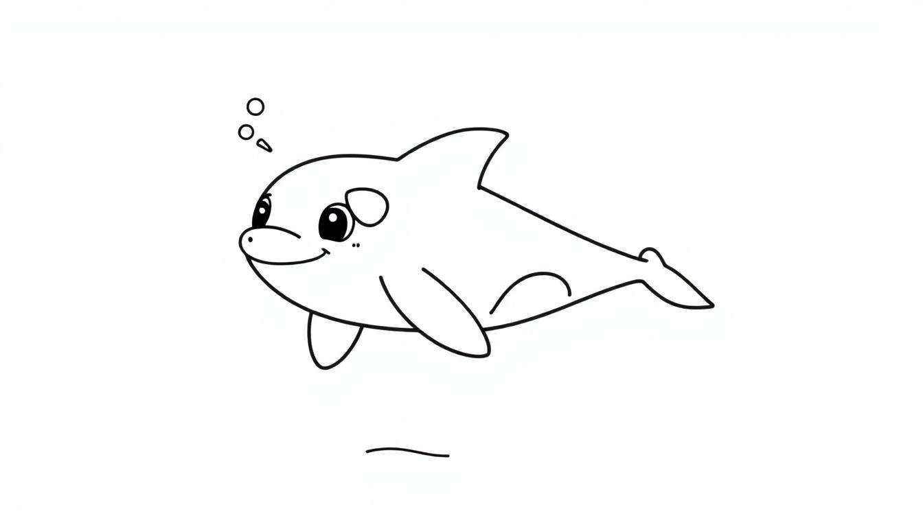 Eine schwarz-weiße Farbtafel eines freundlichen Cartoon-Orcas mit Blasen im Wasser.