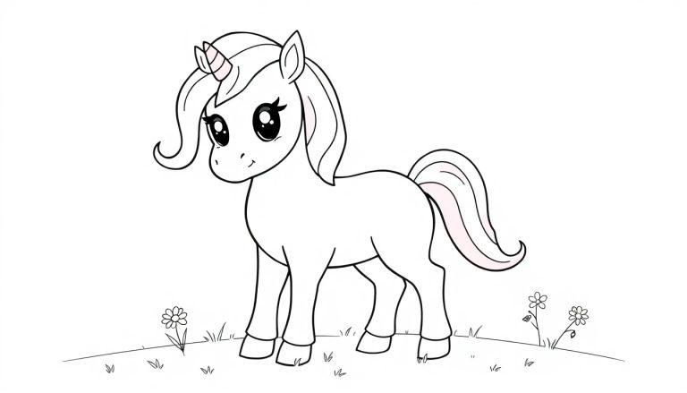 Schwarz-weiße Farbtafel-Zeichnung eines niedlichen Cartoon-Einhorns mit einem regenbogenfarbenen Schweif auf einer Blumenwiese.