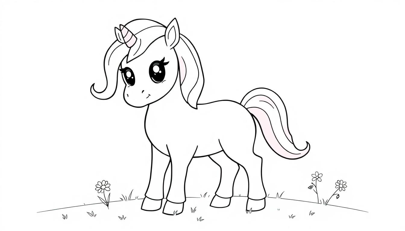 Schwarz-weiße Farbtafel-Zeichnung eines niedlichen Cartoon-Einhorns mit einem regenbogenfarbenen Schweif auf einer Blumenwiese.