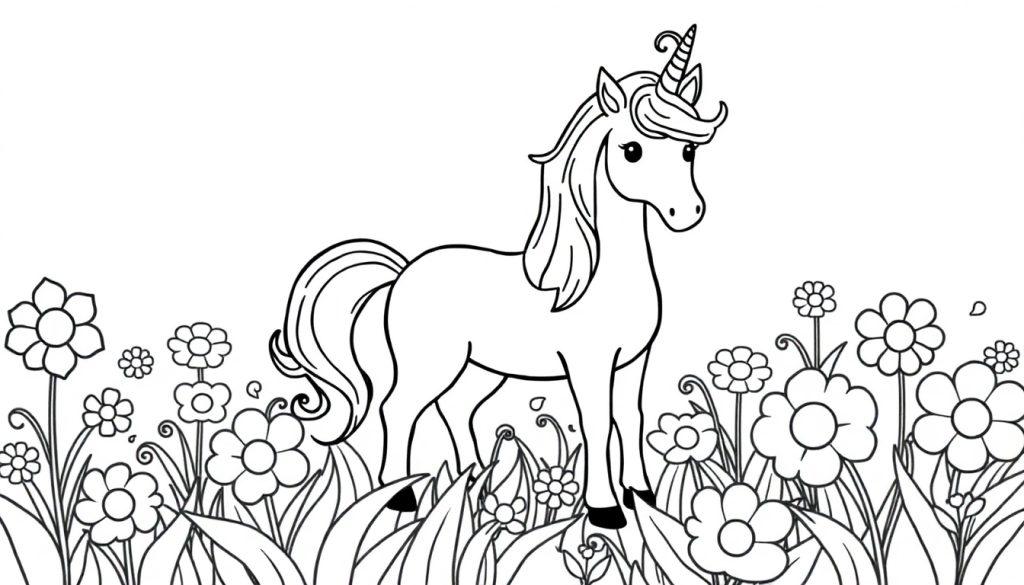 Farbtafel: Ein süßes Cartoon-Einhorn mit langer Mähne und Horn steht in einem Feld voller bunter Blumen.