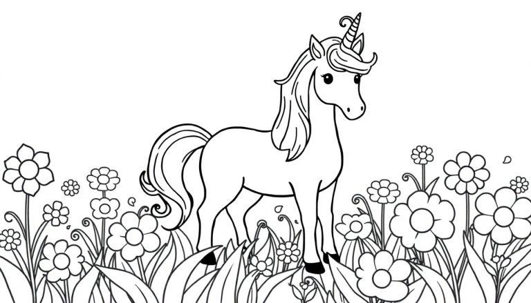Farbtafel: Ein süßes Cartoon-Einhorn mit langer Mähne und Horn steht in einem Feld voller bunter Blumen.