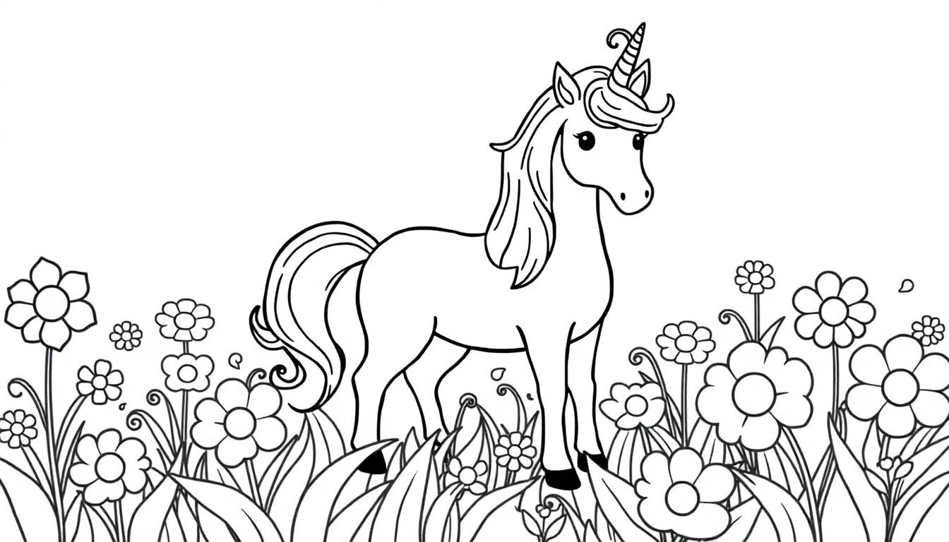 Farbtafel: Ein süßes Cartoon-Einhorn mit langer Mähne und Horn steht in einem Feld voller bunter Blumen.