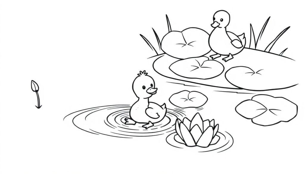 Schwarz-weiß Farbtafel: Ein Entenkind schwimmt im Teich, eine andere Ente steht auf einem Seerosenblatt.