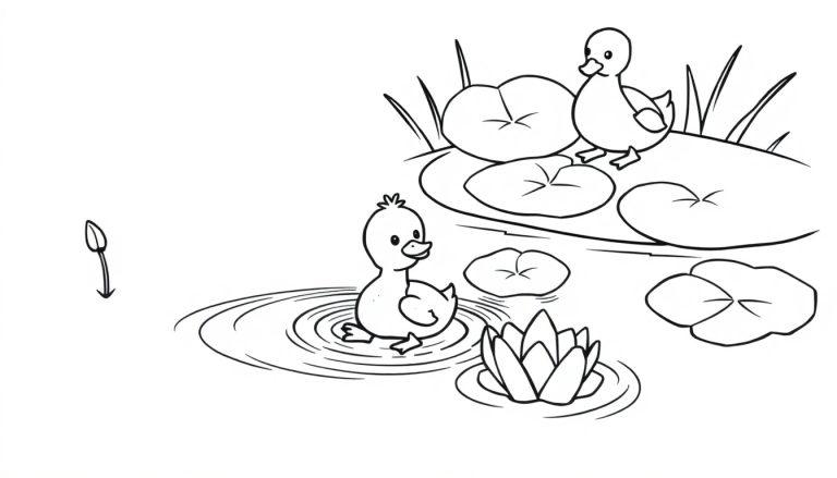 Schwarz-weiß Farbtafel: Ein Entenkind schwimmt im Teich, eine andere Ente steht auf einem Seerosenblatt.