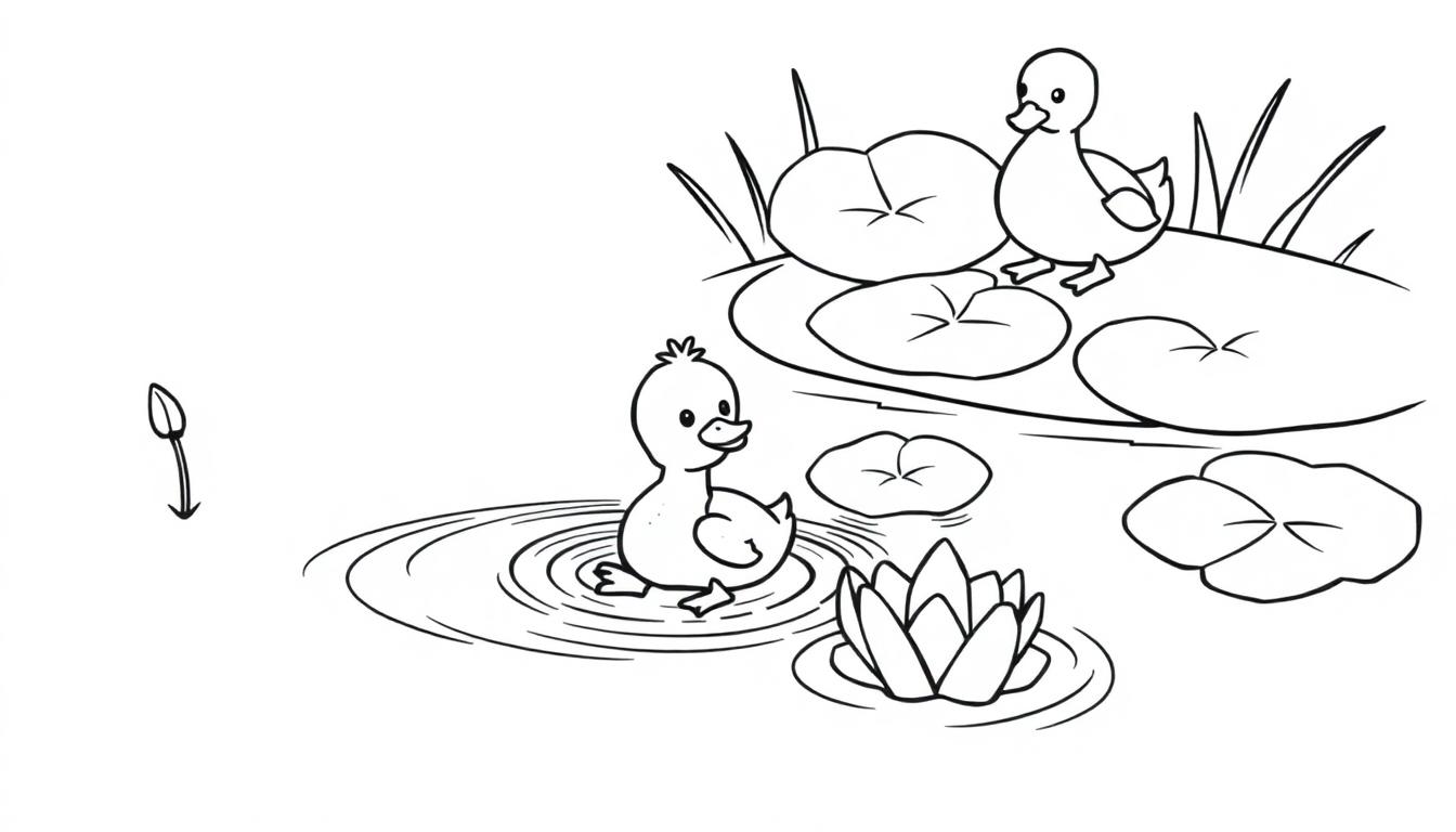 Schwarz-weiß Farbtafel: Ein Entenkind schwimmt im Teich, eine andere Ente steht auf einem Seerosenblatt.