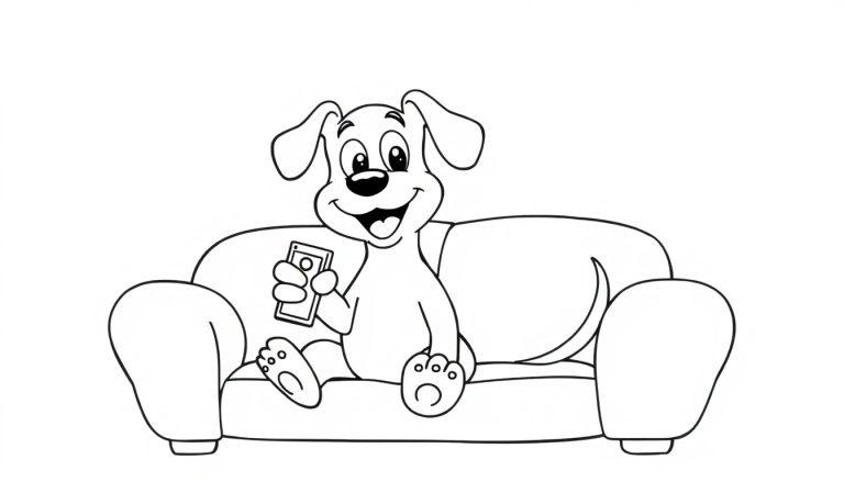 Schwarz-weiße Farbtafel-Zeichnung eines glücklichen Cartoon-Hundes mit Fernbedienung auf einer Couch.