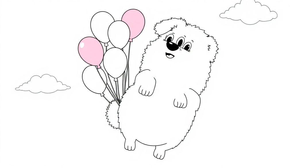 Eine Farbtafel eines niedlichen, weißen Hundes, der an sechs Ballons hängt, um den Himmel zu erkunden. Die Ballons sind weiß und blassrosa.