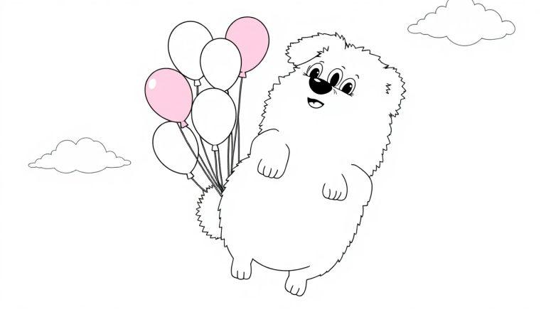 Eine Farbtafel eines niedlichen, weißen Hundes, der an sechs Ballons hängt, um den Himmel zu erkunden. Die Ballons sind weiß und blassrosa.