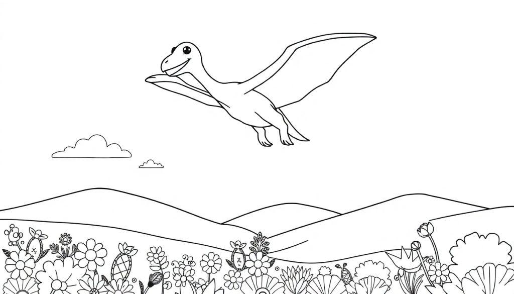 Schwarz-Weiß-Farbtafel eines freundlichen Pteranodons, der über eine hügelige Landschaft mit Blumen fliegt.