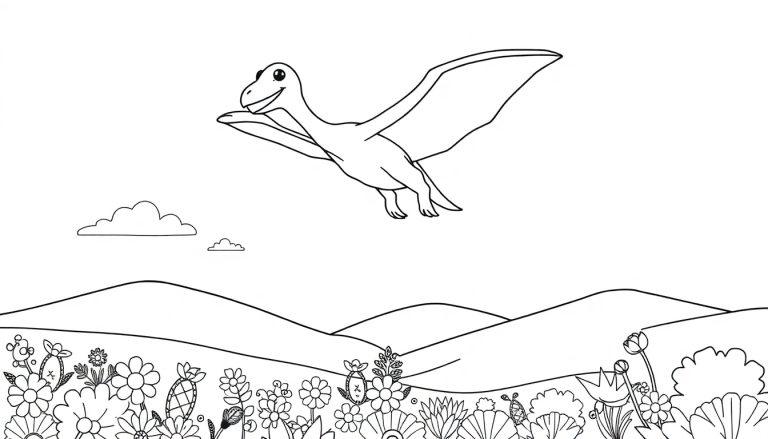 Schwarz-Weiß-Farbtafel eines freundlichen Pteranodons, der über eine hügelige Landschaft mit Blumen fliegt.