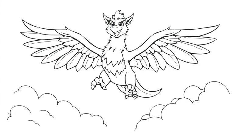 Ein freundlicher Greif in Schwarz-Weiß-Farbtafel fliegt mit ausgebreiteten Flügeln durch Wolken.