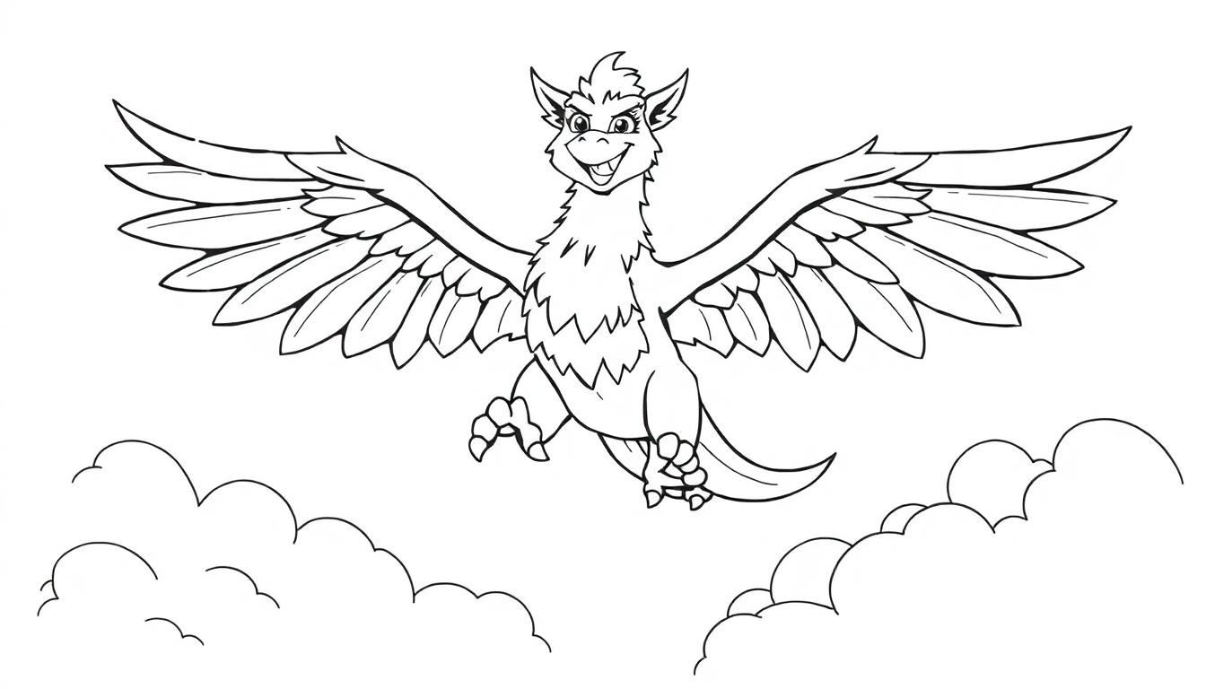 Ein freundlicher Greif in Schwarz-Weiß-Farbtafel fliegt mit ausgebreiteten Flügeln durch Wolken.