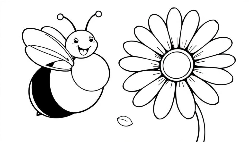 Schwarz-weiße Farbtafel einer freundlichen Biene mit lächelndem Gesicht und großen Flügeln, die zu einer einzelnen Blume mit abgerundeten Blütenblättern fliegt.