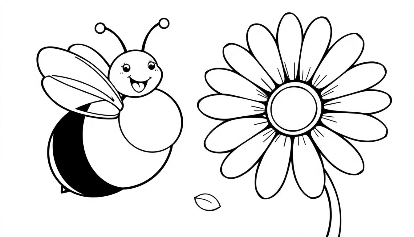 Schwarz-weiße Farbtafel einer freundlichen Biene mit lächelndem Gesicht und großen Flügeln, die zu einer einzelnen Blume mit abgerundeten Blütenblättern fliegt.