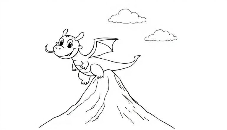 Ein kleiner, freundlicher Schwarz-Weiß-Drache mit großen Augen und einer verspielten Zunge steht auf einem Berg. Dies ist eine Farbtafel-Illustration.