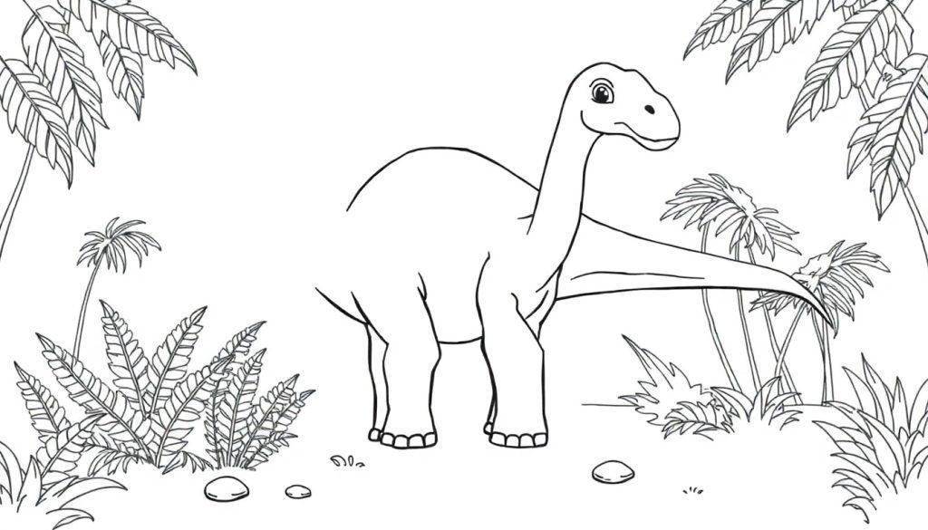 Schwarz-weiße Farbtafel eines freundlichen Brachiosaurus im Urwald.