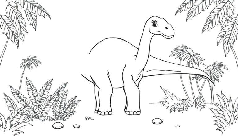 Schwarz-weiße Farbtafel eines freundlichen Brachiosaurus im Urwald.