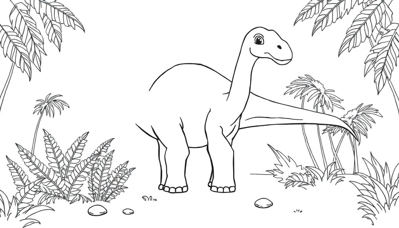 Schwarz-weiße Farbtafel eines freundlichen Brachiosaurus im Urwald.