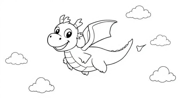 Schwarz-weiße Farbtafel eines freundlichen Cartoon-Drachen, der in einem bewölkten Himmel fliegt.