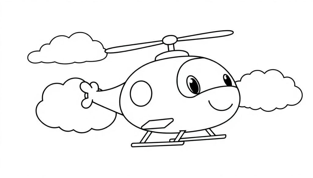 Eine schwarz-weiße Farbtafel eines freundlichen Cartoon-Hubschraubers mit großen Augen, der über stilisierte Wolken fliegt.