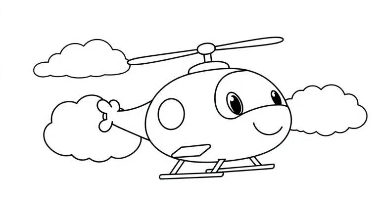 Eine schwarz-weiße Farbtafel eines freundlichen Cartoon-Hubschraubers mit großen Augen, der über stilisierte Wolken fliegt.