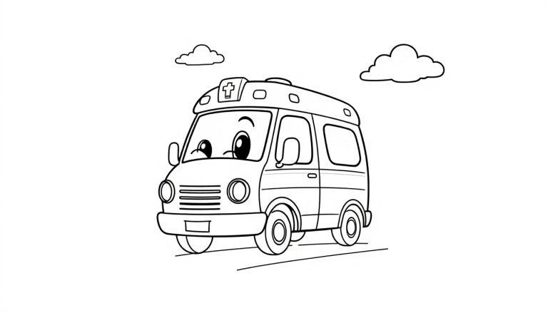 Ein fröhlicher Cartoon-Krankenwagen mit freundlichen Augen, einem roten Kreuz auf dem Dach und zwei freundlichen Wolken im Hintergrund, bereit zum Ausmalen. Diese Farbtafel-Illustration ist perfekt für junge Künstler.