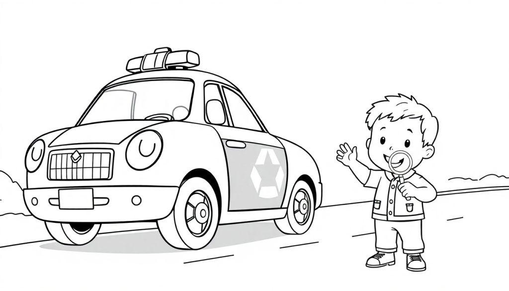 Schwarz-weiße Farbtafel: Ein freundlicher Cartoon-Polizist mit Lupe und winkend neben einem Polizeiauto mit Lichtleiste.