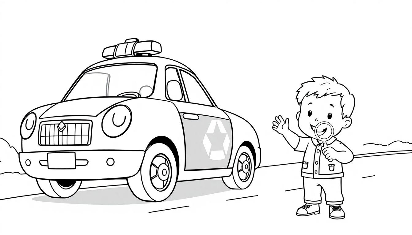 Schwarz-weiße Farbtafel: Ein freundlicher Cartoon-Polizist mit Lupe und winkend neben einem Polizeiauto mit Lichtleiste.