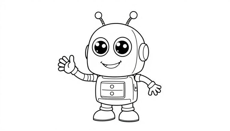 Schwarz-weiße Farbtafel eines freundlichen Cartoon-Roboters mit großen Augen und Antennen, der mit der Hand winkt.