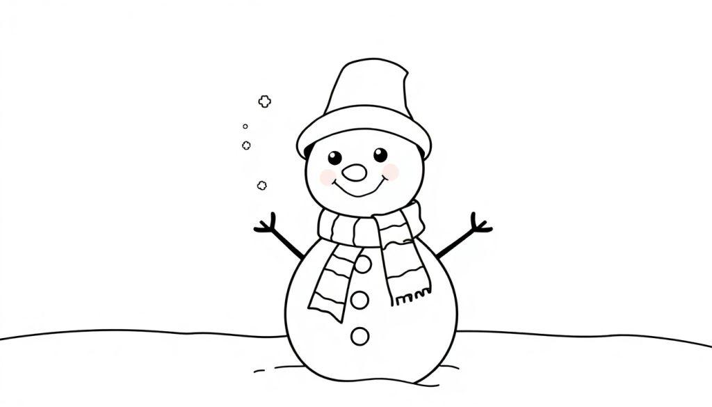 Schwarz-weiße Farbtafel-Illustration eines lächelnden Schneemanns mit Hut und Schal.