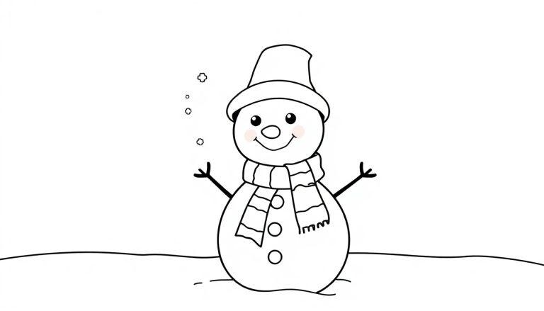Schwarz-weiße Farbtafel-Illustration eines lächelnden Schneemanns mit Hut und Schal.