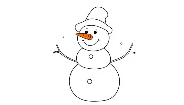 Eine Schwarz-Weiß-Farbtafel eines Schneemanns mit einer orangefarbenen Karottennase und einem Schlapphut.