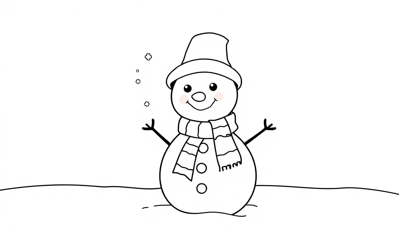 Schwarz-weiße Farbtafel-Illustration eines lächelnden Schneemanns mit Hut und Schal.