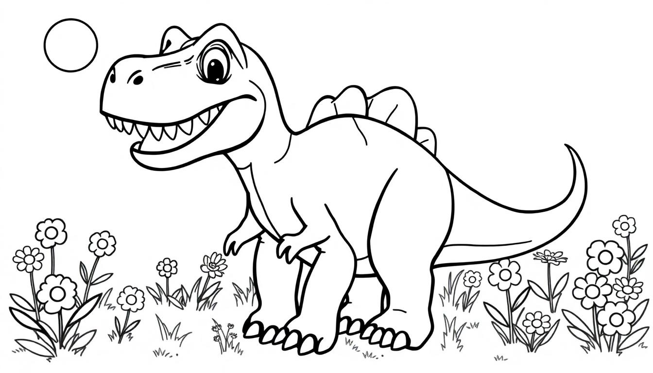 Ein freundlicher Schwarz-Weiß-Cartoon-Dinosaurier-Ausmalbild mit einem großen Lächeln, der in einem Blumenfeld steht.