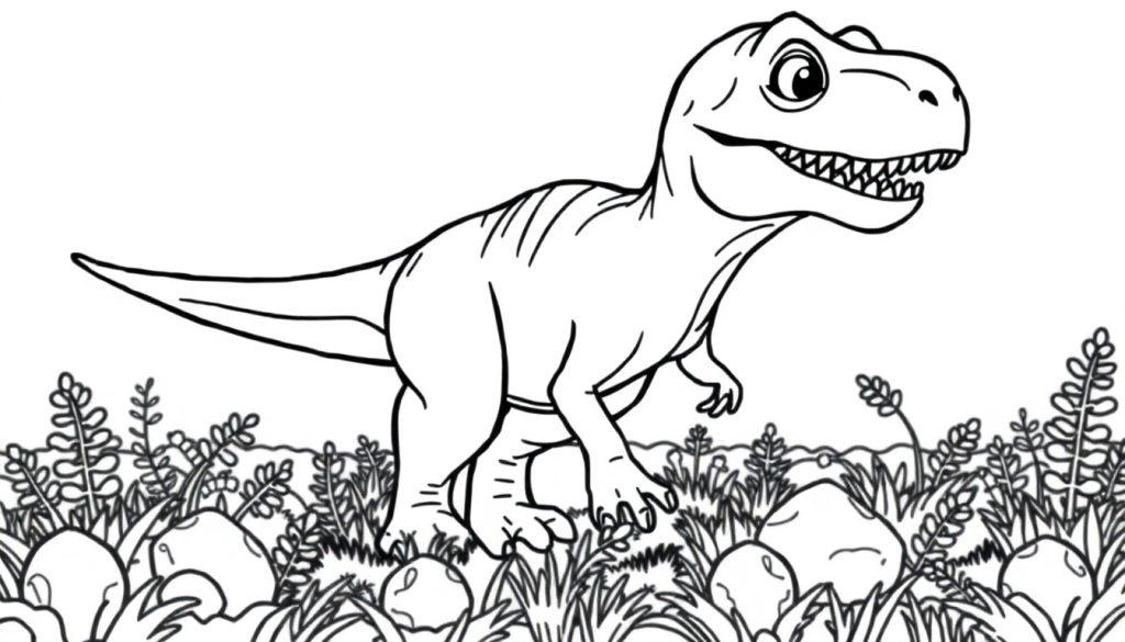 Schwarz-Weiß-Farbtafel eines Cartoon-Tyrannosaurus Rex in einer Graslandschaft mit Eiern.