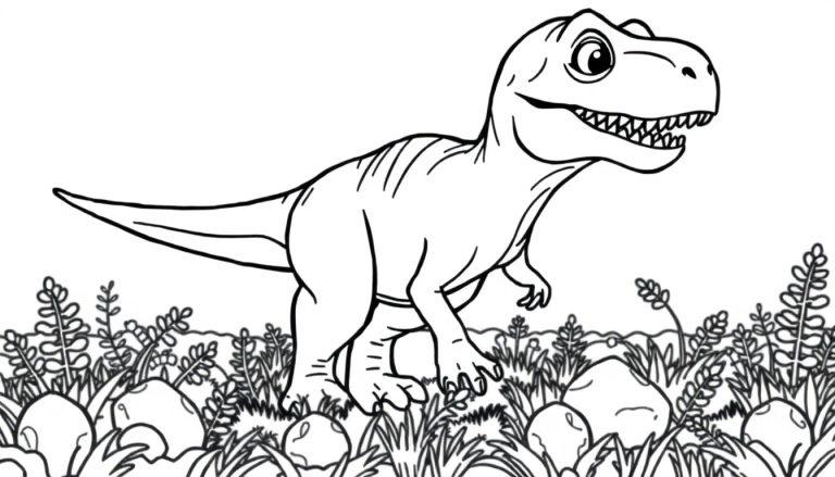Schwarz-Weiß-Farbtafel eines Cartoon-Tyrannosaurus Rex in einer Graslandschaft mit Eiern.