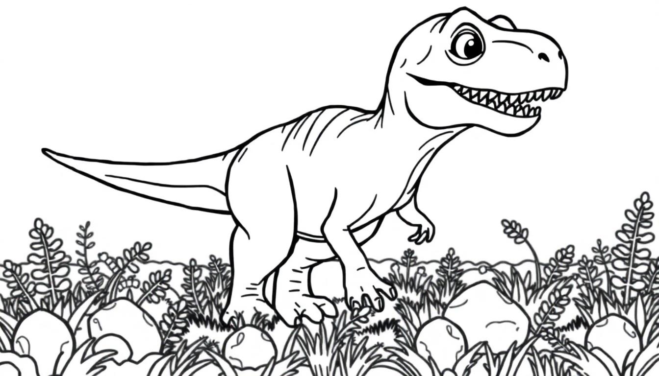 Schwarz-Weiß-Farbtafel eines Cartoon-Tyrannosaurus Rex in einer Graslandschaft mit Eiern.