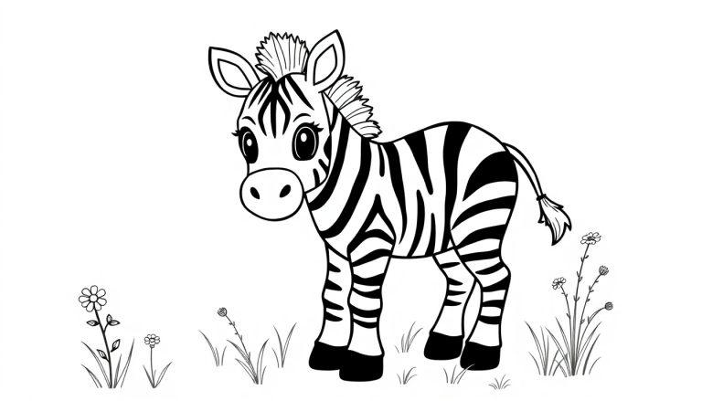 Eine Farbtafel-Zeichnung eines verspielten Zebras in einer Wiese mit Blumen.