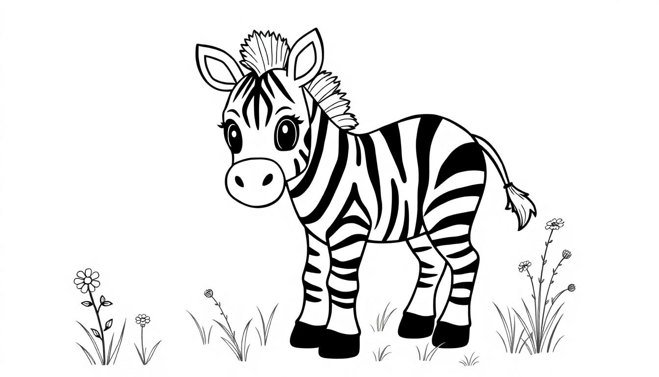 Eine Farbtafel-Zeichnung eines verspielten Zebras in einer Wiese mit Blumen.