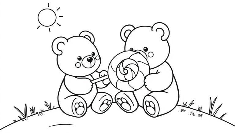 Eine niedliche Schwarz-Weiß-Farbtafel von zwei Teddybären, die auf einem Hügel sitzen, wobei einer dem anderen einen riesigen Lolli anbietet, mit einer Sonne oben links.
