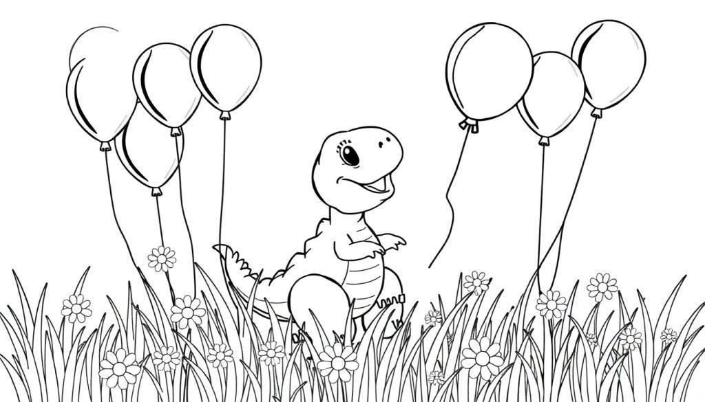 Eine Schwarz-Weiß-Farbtafel-Zeichnung eines Baby-T-Rex mit Luftballons.