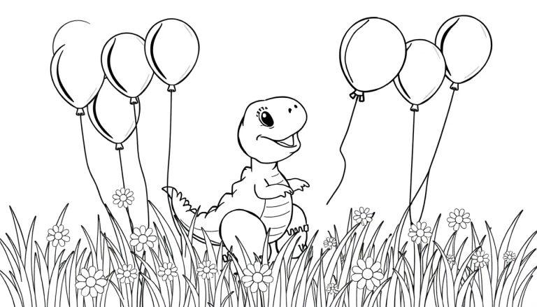 Eine Schwarz-Weiß-Farbtafel-Zeichnung eines Baby-T-Rex mit Luftballons.