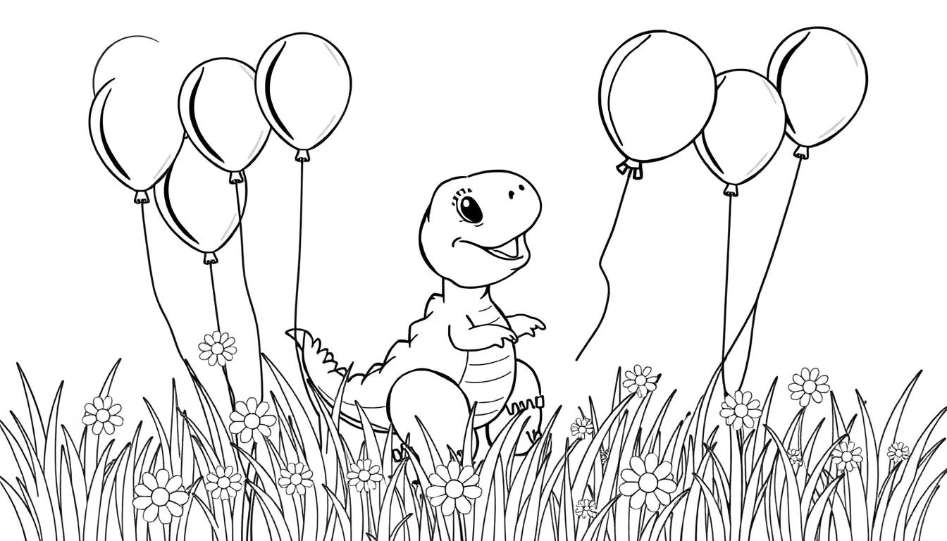 Eine Schwarz-Weiß-Farbtafel-Zeichnung eines Baby-T-Rex mit Luftballons.