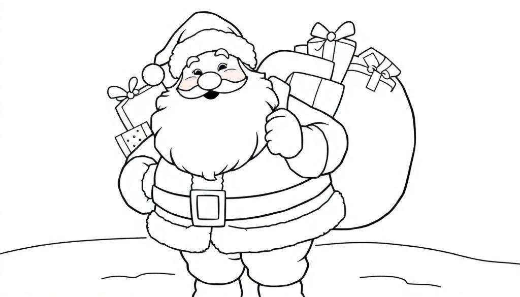 Schwarz-weiß Farbtafel von Santa Claus mit Geschenksack.