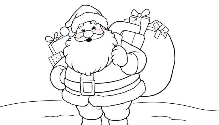 Schwarz-weiß Farbtafel von Santa Claus mit Geschenksack.
