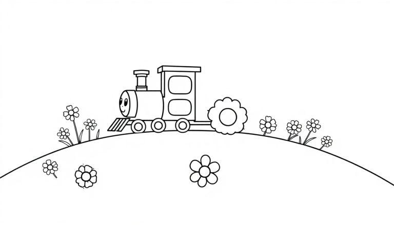 Ein niedlicher Cartoon-Zug mit einem freundlichen Gesicht fährt auf einem blumengeschmückten Hügel. Eine Farbtafel für Kinder.